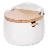 Saleiro De Porcelana Com Colher E Tampa De Bambu Mek