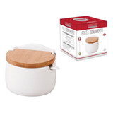 Saleiro Porcelana De Mesa Com Tampa De Bambu Porta Temperos Condimentos Especiarias Açucareiro