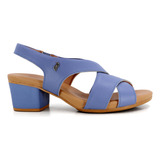Sandália Salto Bloco Casual Couro Azul Retrô Usaflex