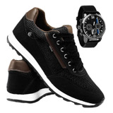Sapatênis Masculino Em Couro Legitimo Kit Com Relógio Tenis