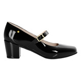Sapato Retrô Scarpin Boneca Verniz Salto Baixo Bloco Confort