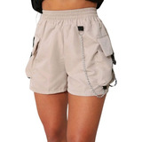 Short Cargo Tactel Feminino Corrente Cintura Alta Fita Bolso