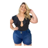 Short Feminino Jeans Barra Dobrada Curto Plus Size Bermuda