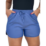 Short Feminino Jeans Cintura Elástico C Bolsos Curto Verão 
