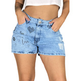 Short Feminino Jeans Estampa Love Cintura