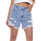 Short Jeans Feminino Bermuda Meia Coxa Com Pérola