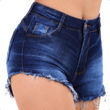 Short Jeans Feminino Cintura Alta Com Lycra Barra Desfiada
