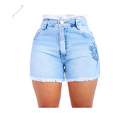 Short Jeans Feminino Mid Bordado Cintura Alta Promoção 