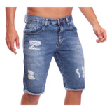 Short Jeans Masculino Destroyed Rasgado Bermuda Azul Escuro