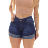 Shorts Jeans Feminino Barra Dobrada Meia Coxa Lavagem Escura