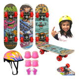 Skate Infantil Menina Criança Com Capacete Kit Proteção Rosa