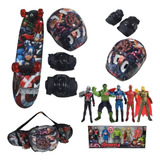 Skate Infantil Vingador Proteção + Bonecos Vingadores Kit 5