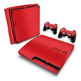 Skin Para Ps3 Slim Adesivo - Fibra De Carbono Vermelho