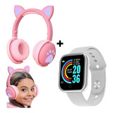 Smartwatch Feminino D20 + Fone Gatinho Meninas Rosa Cor Da Pulseira Fone Rosa Relógio Prata