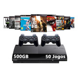 Sony Playstation 3 Super Slim 500gb Standard +50 Jogos + 2 Controles + Minecraft + Gta + Naruto