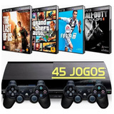 Sony Ps3, Playstation 3 Slim Premium + 2 Controles + 45 Jogos +1 Ano De Garantia + Pes 2024, Fifa 2024, Gta 5, E Outros.