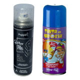 Spray Divertido Glitter Prata + Tinta Para Cabelos Carnaval