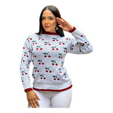 Sueter Cereja Manga Longa Tricot Modal Blusa De Frio Cherry