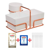 Suporte Cafe Porta Saches + Kit 50 Açucar Adoçante Mexedor Cor Branco C/ Aço Rose Gold Organizador Sachês