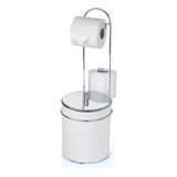 Suporte Chão P/ Papel Higiênico C/ Lixeira Branca Tampa Inox