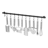 Suporte De Cozinha Porta Talheres 40cm C/ 6 Ganchos Preto.