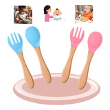 Talher Garfo Colher Silicone Bambu Bebê Introdução Alimentar