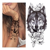 Tatuagem Fake Feminina Lobo E Rosas Removível - 21x11.5cm