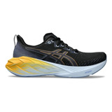 Tênis Asics Novablast 4 Preto E Cinza Com Azul E Amarelo