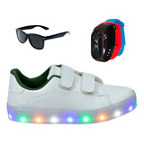 Tênis Infantil Masculino Led Casual Novo + Relógio Óculos 