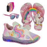 Tênis Led Infantil Feminino Novo+ Chinelo + Óculos + Relógio