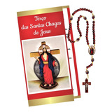 Terço Católico Santas Chagas Jesus Madeira Folheto Religioso