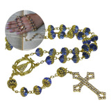 Terço De Cristal Azul 8x6mm Folh. Ouro 18k Rosário Católico