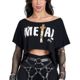Top Cropped Morcego Metalic Rock Code Preto