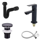 Torneira Metal Preto Fosco Banheiro + Valvula + Engate Sifão