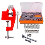 Torno De Bancada Aço Base Fixa 75mm + Kit Soquete 40 Peças