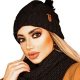 Touca Pompom Feminina De Lã E Cachecol Gola Tricot Frio Kit