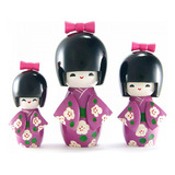 Trio Boneca Japonesa Kokeshi Madeira Flor Sakura Gueixa Roxa