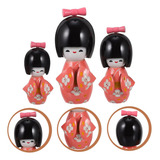 Trio Boneca Japonesa Kokeshi Madeira Flor Sakura Kimono Rosa