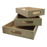 Trio De Bandejas Mdf Cru Modelo Liso Retangular Pegador 