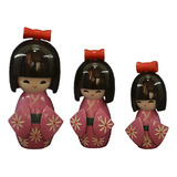 Trio De Boneca Japonesa Kokeshi Madeira Detalhes Florais Cor