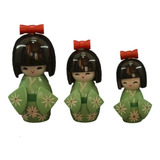 Trio De Boneca Japonesa Kokeshi Madeira Floral Verde