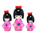 Trio De Boneca Japonesa Kokeshi Madeira Floral