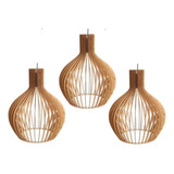 Trio Pendente De Madeira Retrô Luminária Lustre 28 X 34 Cm