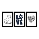 Trio Quadros Decorativos Gatos Cachorros Patas Love Coração