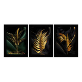 Trio Quadros Decorativos Plantas Douradas Folhas Minimalista