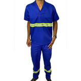 Uniforme Faixa Refletiva Jaleco Manga Curta Calça Brim Azul
