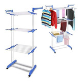 Varal De Chão Roupas Grande Dobrável Retrátil 3 Andares Cor Inox/azul