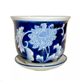 Vaso Cachepot Porcelana Azul E Branco Vento Outono G D19x17