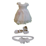 Vestido Batizado Menina Infantil + Sapatinho Bebe + Lacinho