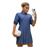 Vestido Curto Chemise Jeans Manga Longa Botões Casual Social
